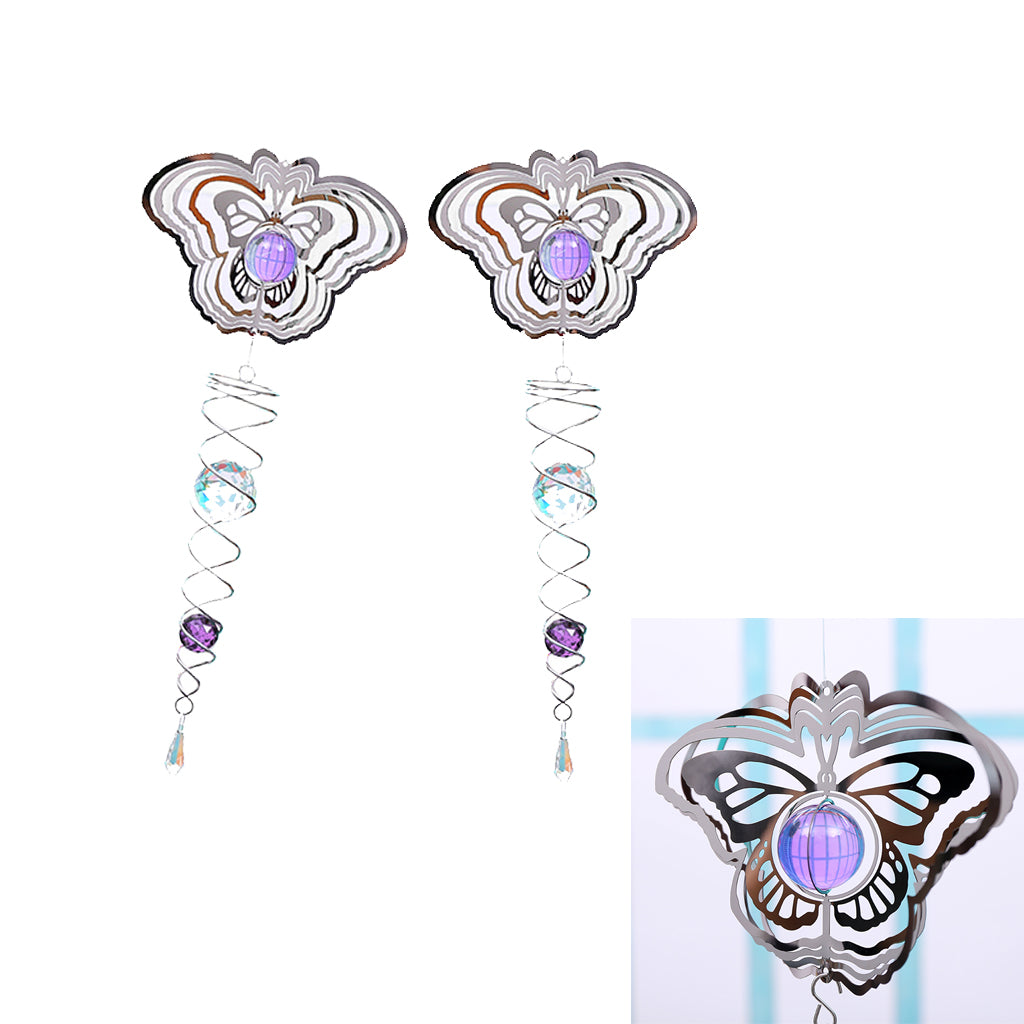 2Pcs 3D Metal Hanging Wind Spinner/Wind Chime Crystal Ball Center Butterfly