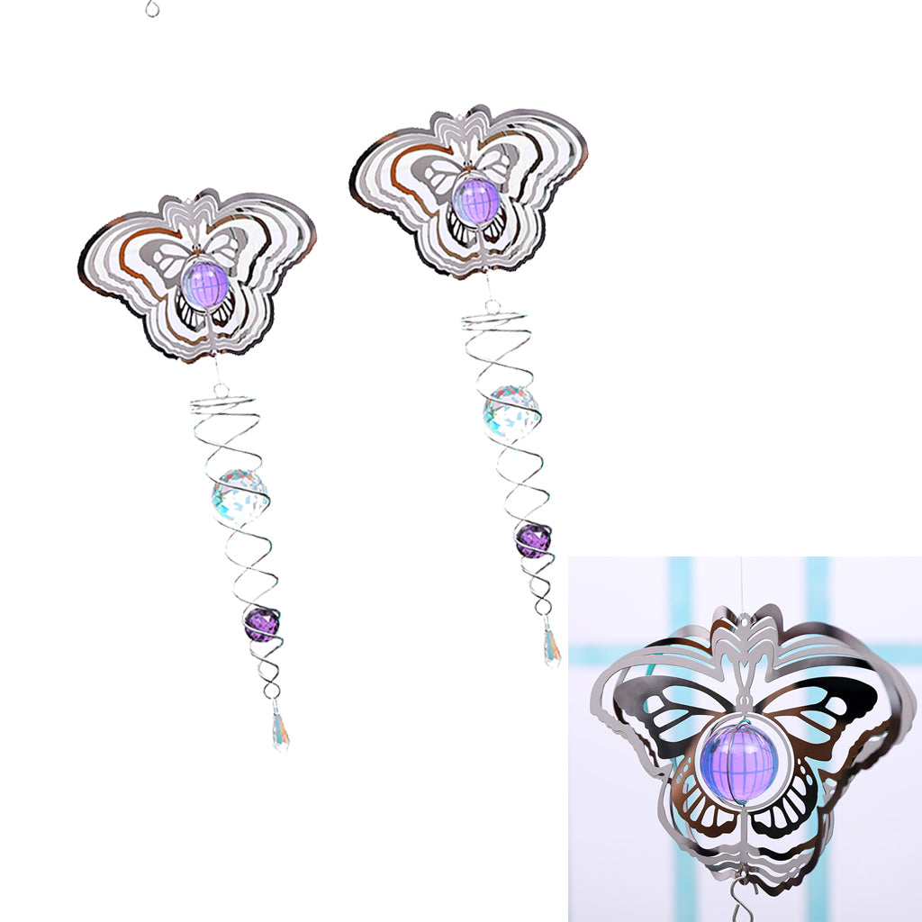 2Pcs 3D Metal Hanging Wind Spinner/Wind Chime Crystal Ball Center Butterfly
