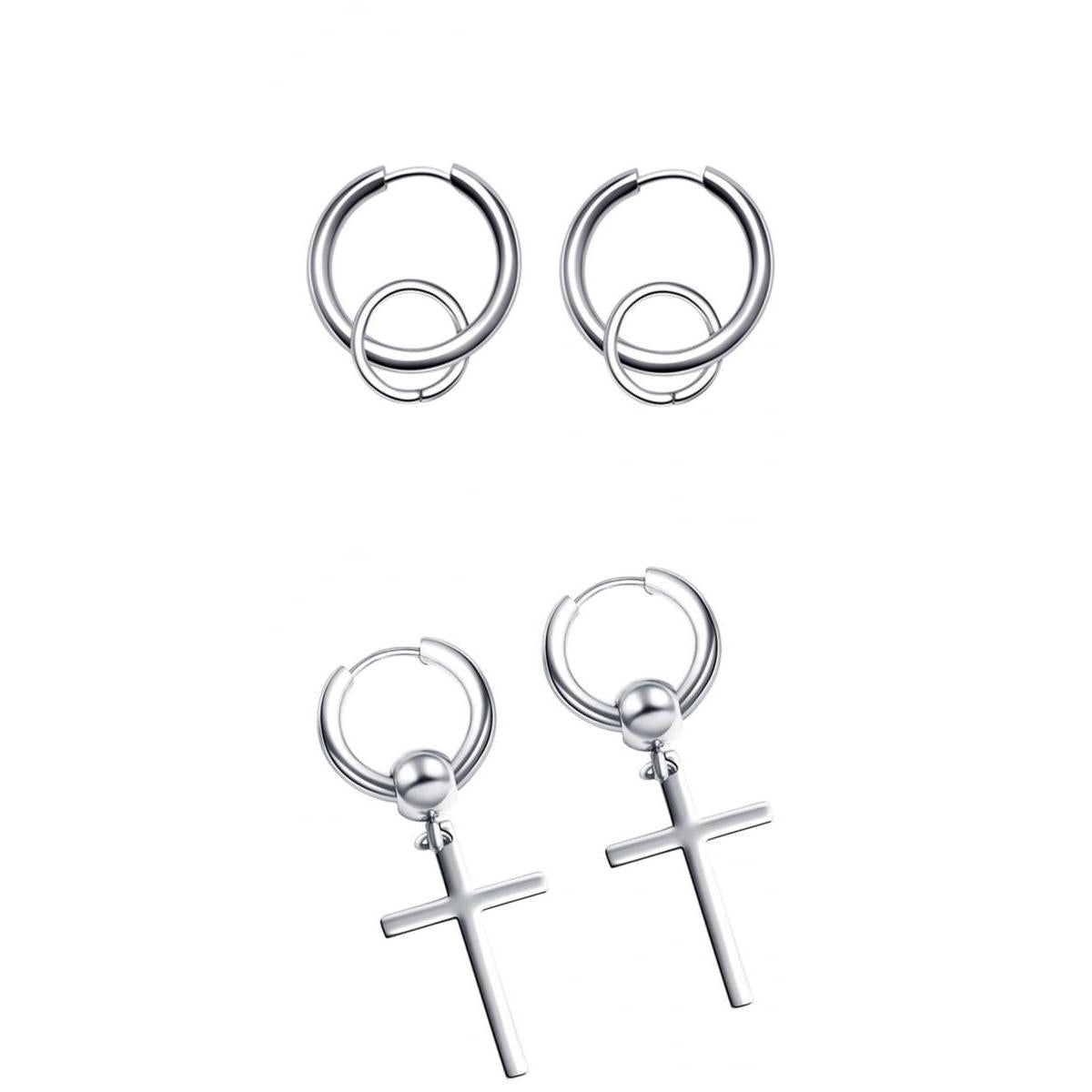 2 Pair Stainless Steel Hip Hop Cross Dangle Hoop Earrings Piercing Jewelry