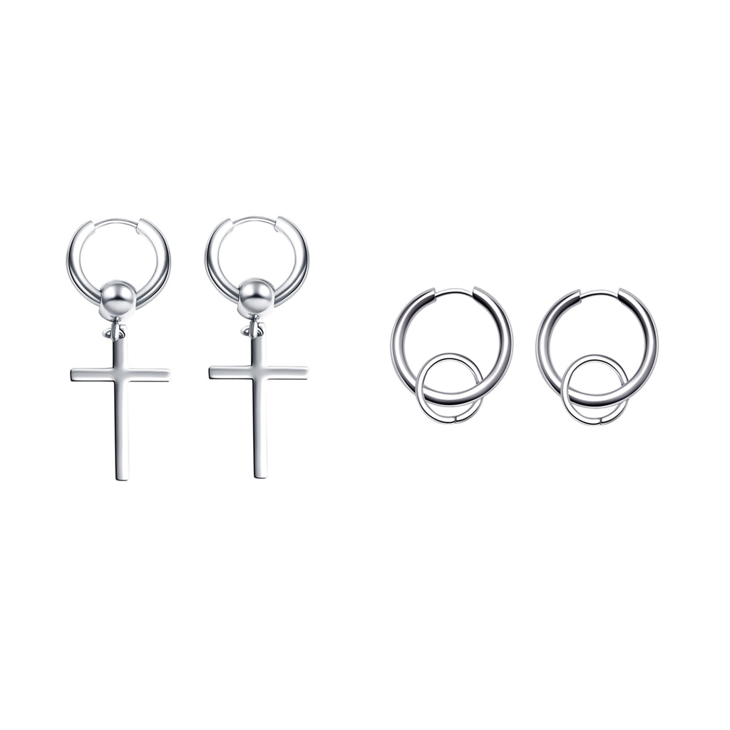 2 Pair Stainless Steel Hip Hop Cross Dangle Hoop Earrings Piercing Jewelry
