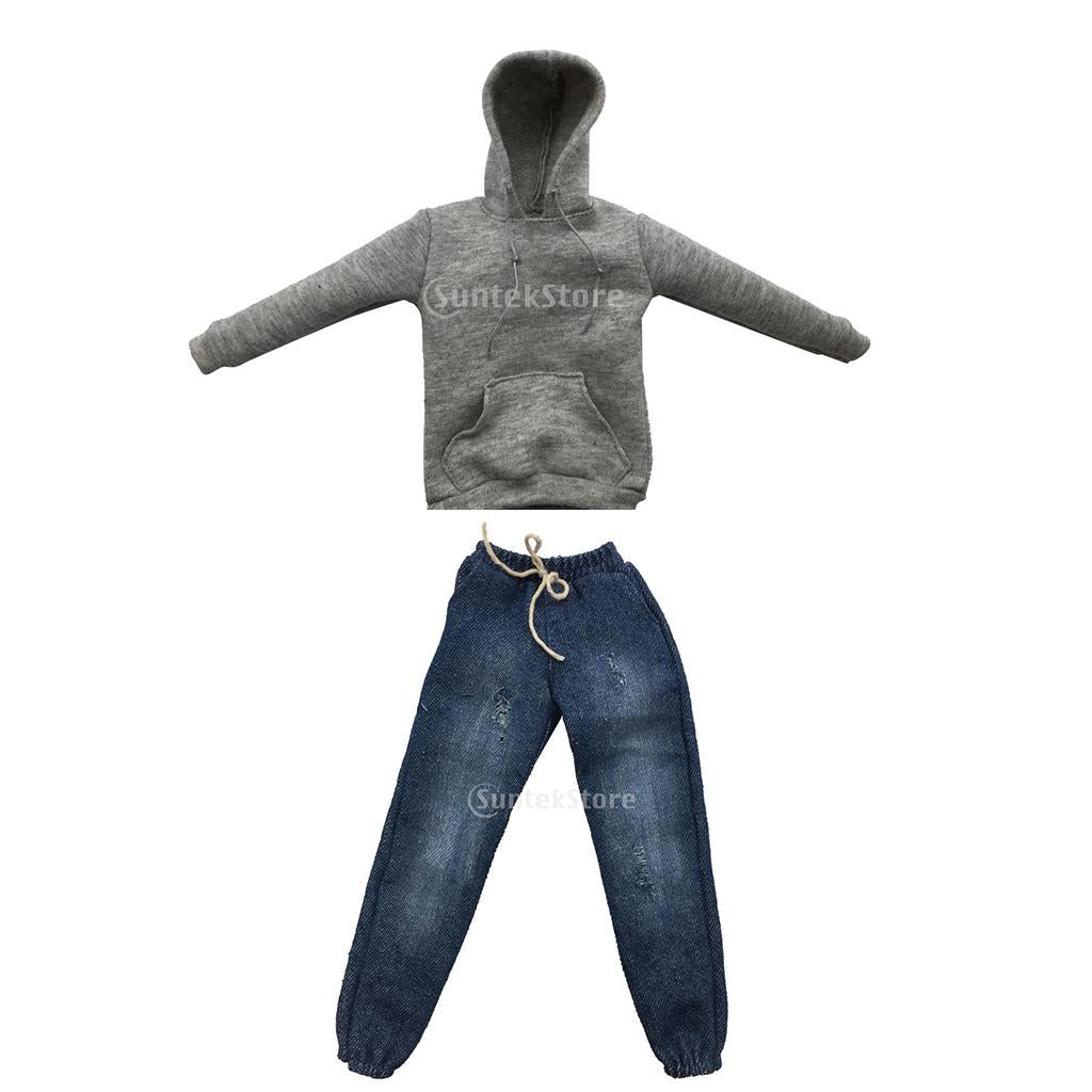 1/6 Scale Mens Gray Long Hoodie Sweatshirt & Jeans for 12inch Action Figure