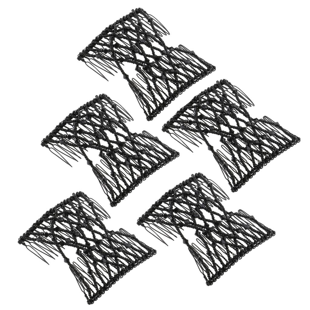 5pcs Black Stretch Flower Hairpin Bow Glass Bead Hair Head Comb Double Clips