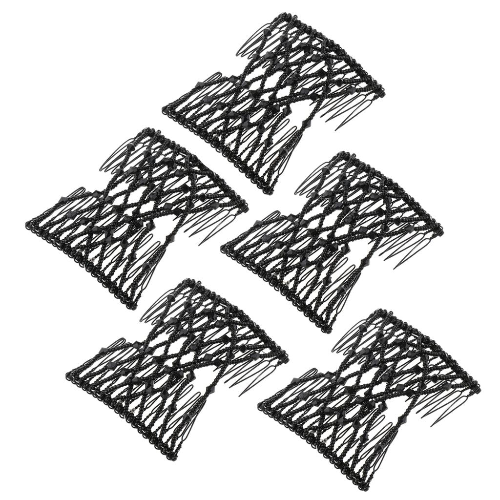 5pcs Black Stretch Flower Hairpin Bow Glass Bead Hair Head Comb Double Clips