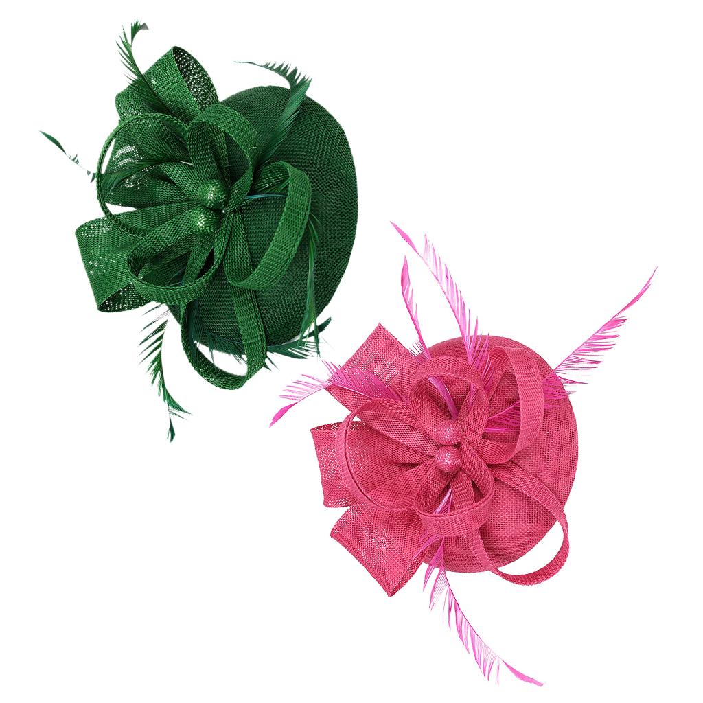 2Pcs Women Bridal Feather Fascinator Cocktail Party Hats Headwear Rose+Green