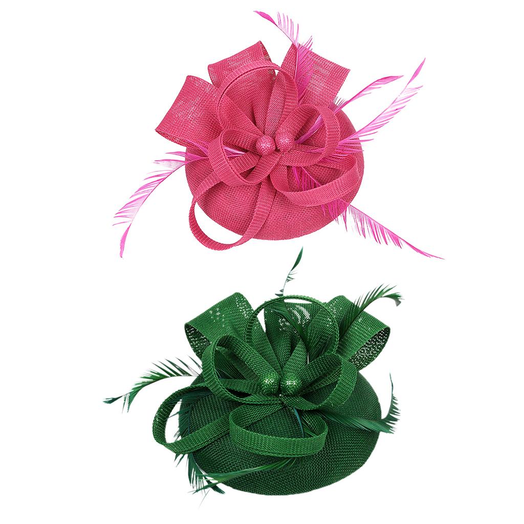 2Pcs Women Bridal Feather Fascinator Cocktail Party Hats Headwear Rose+Green