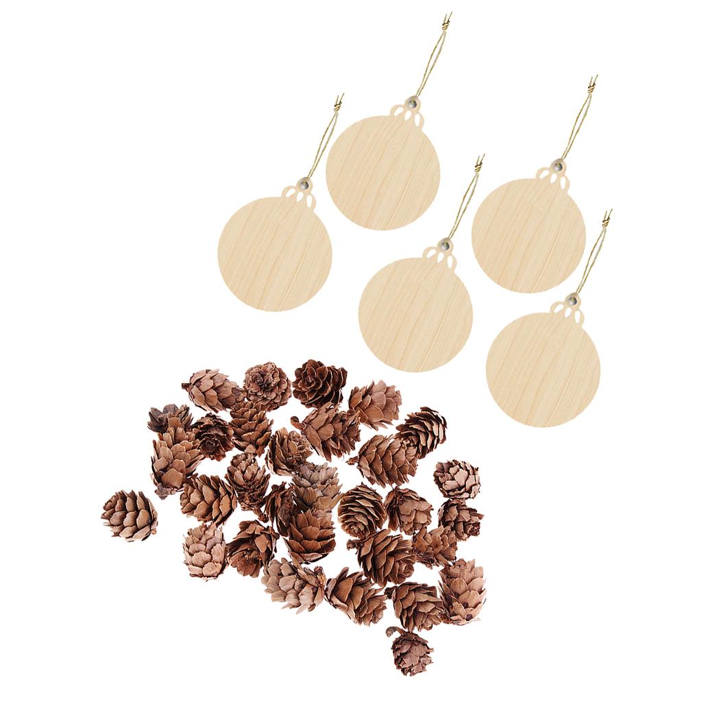 30x Natural Real Pine Cones And 5x Wooden Hanging Ornaments For Xmas Decors