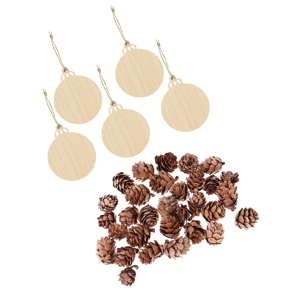 30x Natural Real Pine Cones And 5x Wooden Hanging Ornaments For Xmas Decors