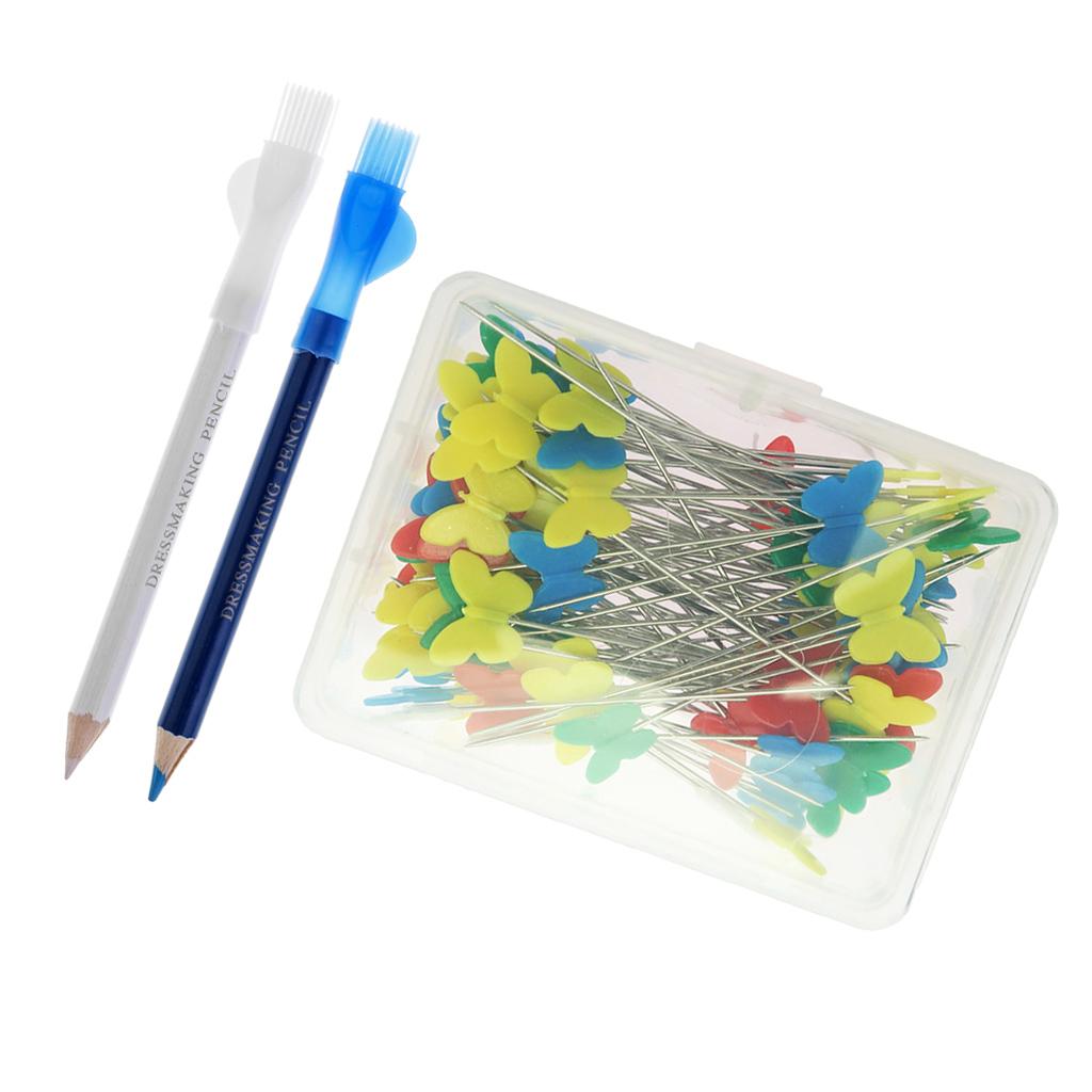 100Pcs Dressmaking Sewing Pins With 2Pcs Tailors Chalk Pen Pencil For Sewing