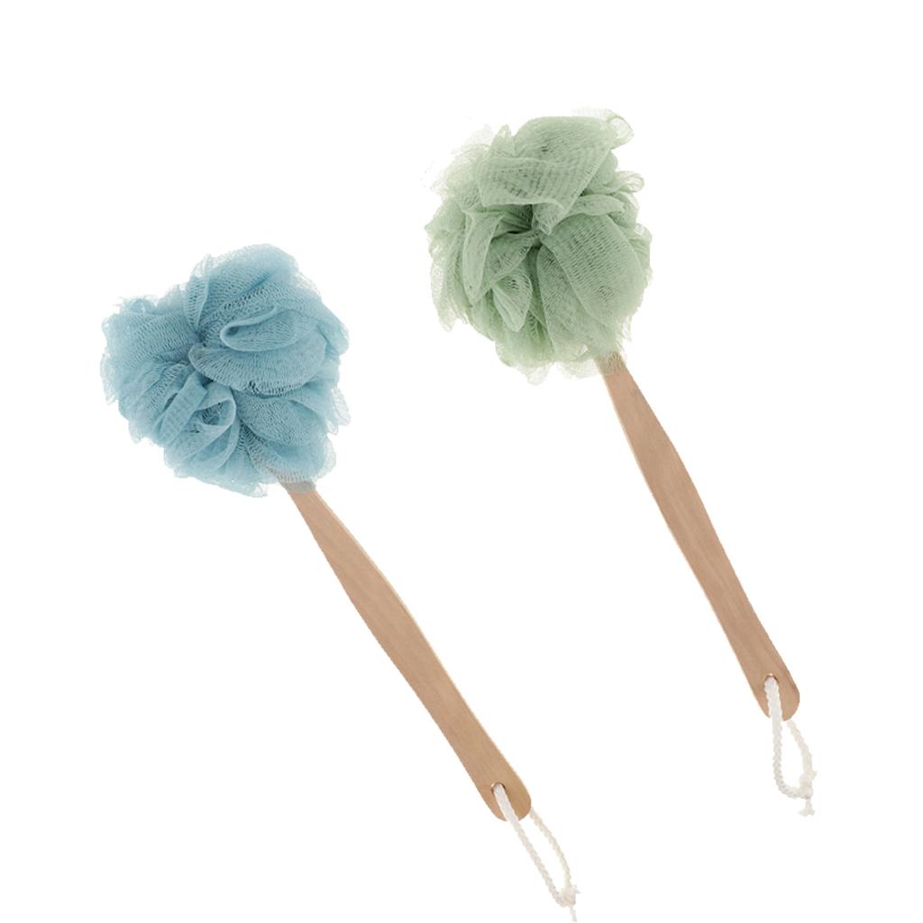 2 Piece Long Handle Shower Puff Pouf Sponge Exfoliating Mesh Brush Scrubber