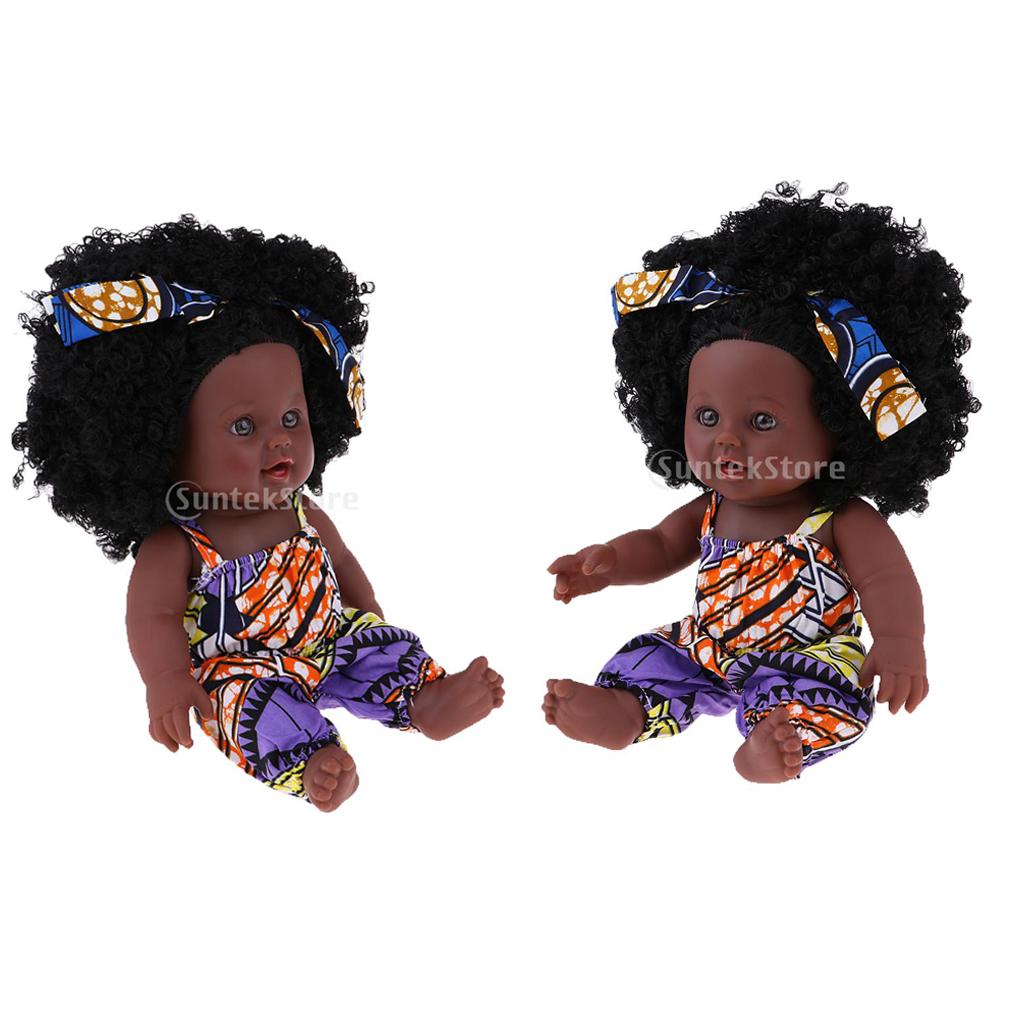 2pcs 30cm Real Life Baby Girl Doll Vinyl African Newborn Infant in Clothes