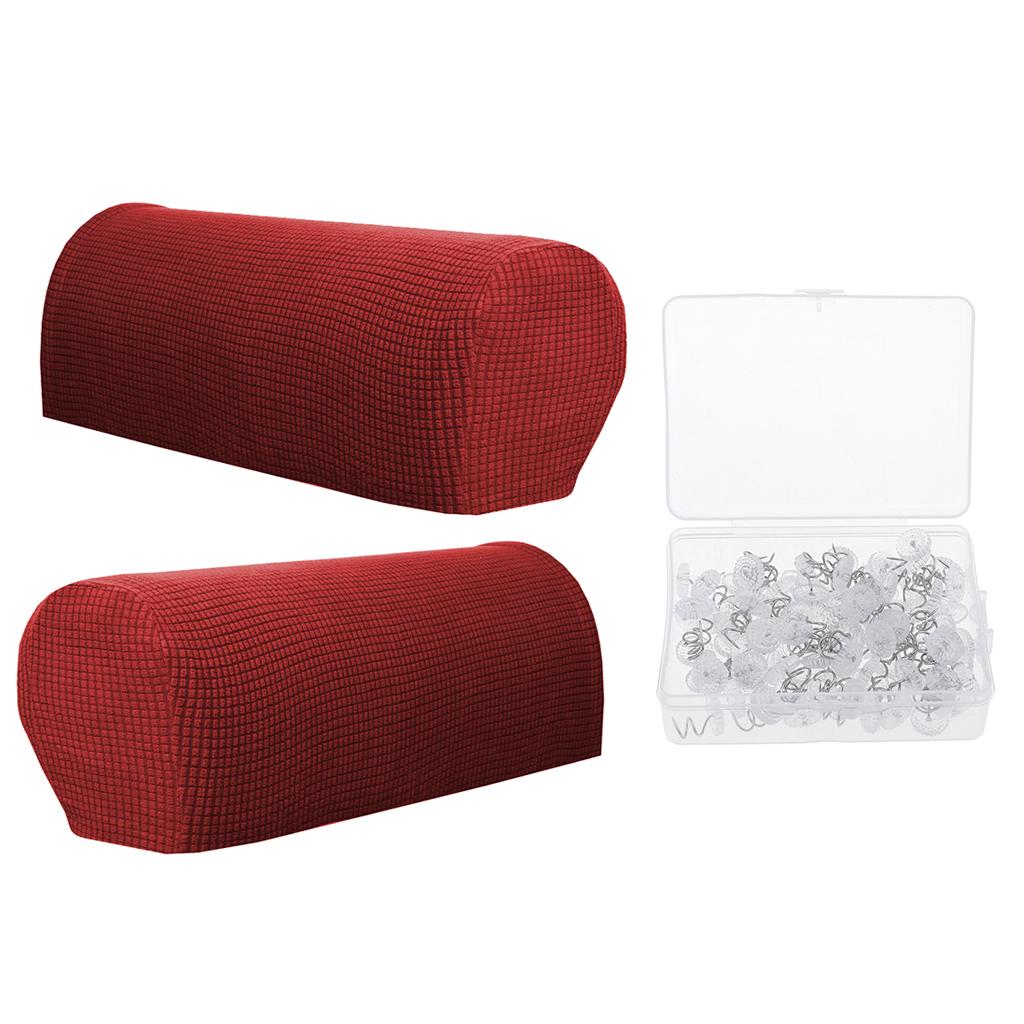 1 Pair Flannel Sofa Armrest Covers with 100 Pieces Bed Skirt Pins Burgundy
