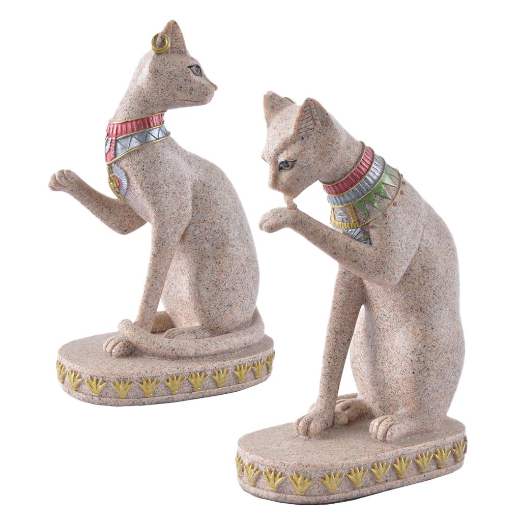 2pcs Sandstone Egyptian Mau Cat Statue Sculpture Hand Carved Figurine