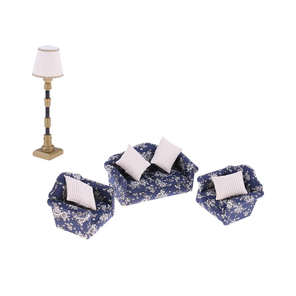 1/12 Dollhouse Miniature Furniture Sofa Couch Cushions & Floor Lamp Light
