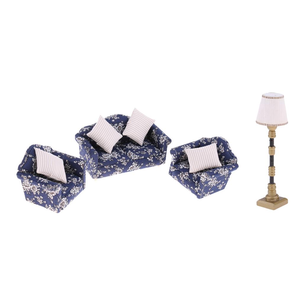1/12 Dollhouse Miniature Furniture Sofa Couch Cushions & Floor Lamp Light