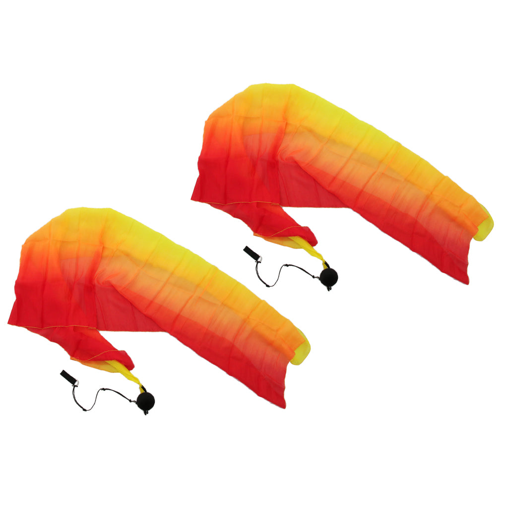 2x Belly Dance Silk Veil Poi Throw Balls Dancing Accessory Red Orange Yellow