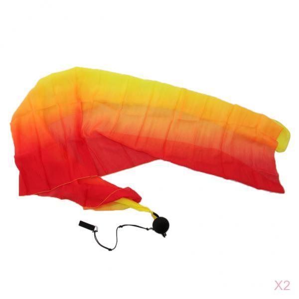 2x Belly Dance Silk Veil Poi Throw Balls Dancing Accessory Red Orange Yellow