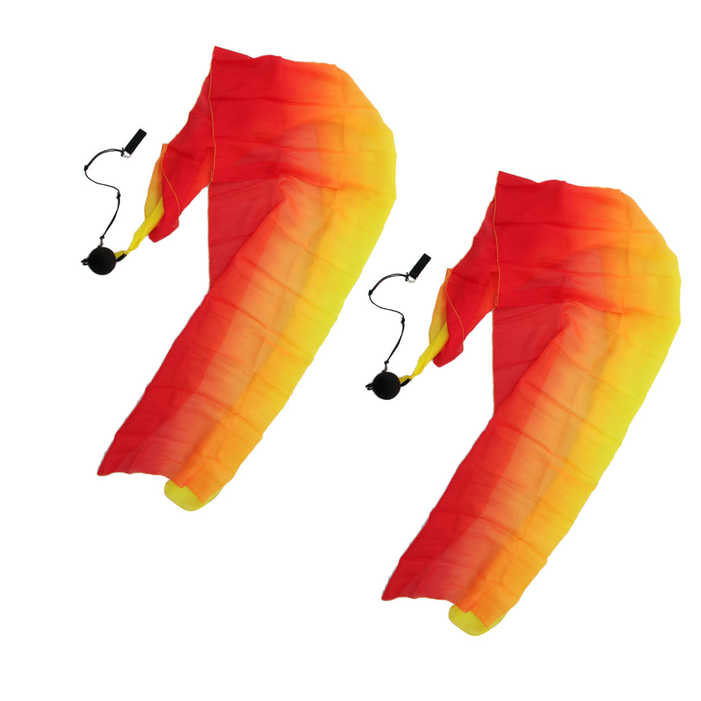 2x Belly Dance Silk Veil Poi Throw Balls Dancing Accessory Red Orange Yellow