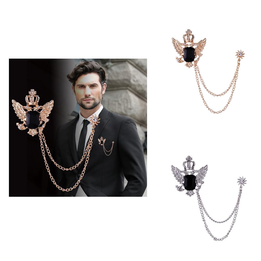 2x Luxury Crystal Gold/Silver Crown & Wings Men's Hanging Chain Brooch Pin