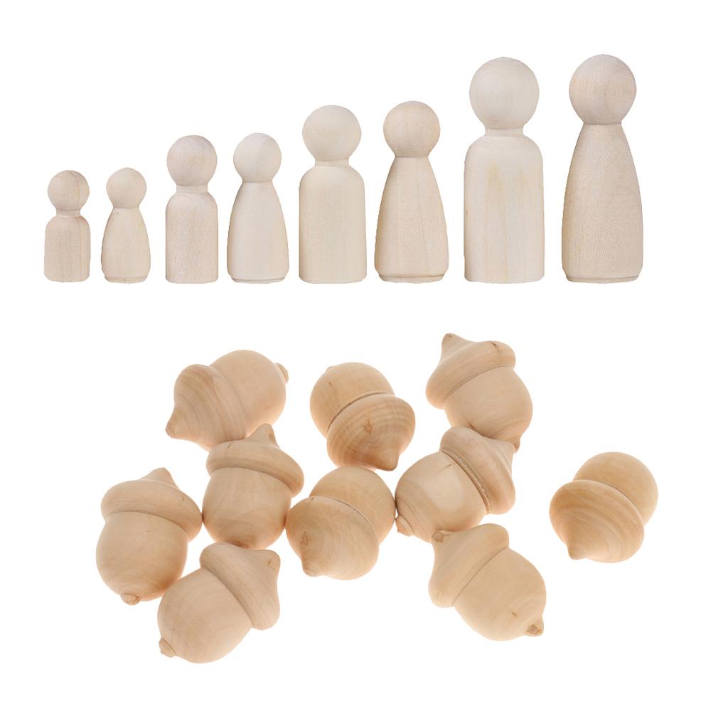 12Pcs Wooden People Peg Doll & 10Pcs Novelty Waldorf Wood Acorns DIY Crafts