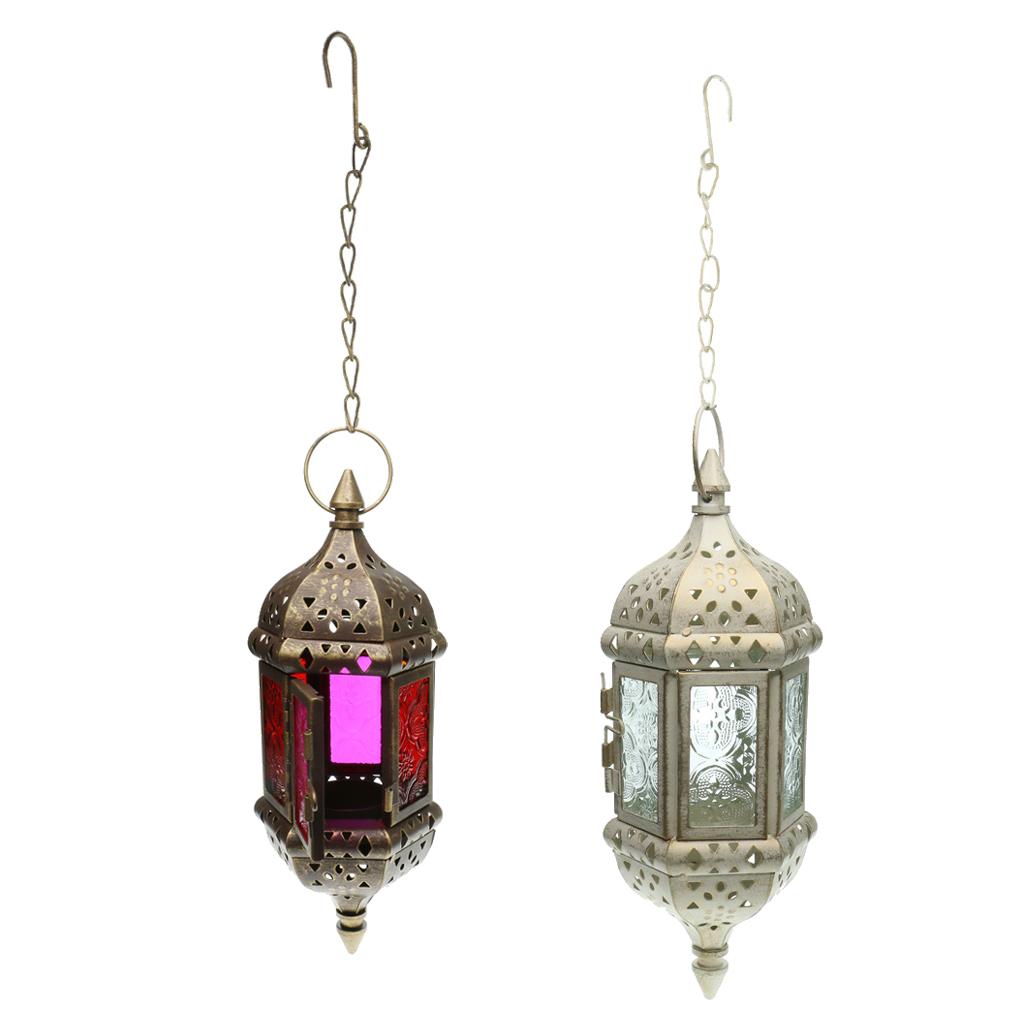 2pcs Iron Chain Hanging Glass Candlestick Candle Holder Lantern Lamp