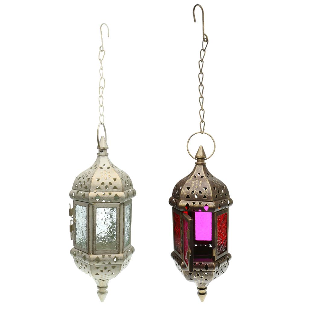 2pcs Iron Chain Hanging Glass Candlestick Candle Holder Lantern Lamp