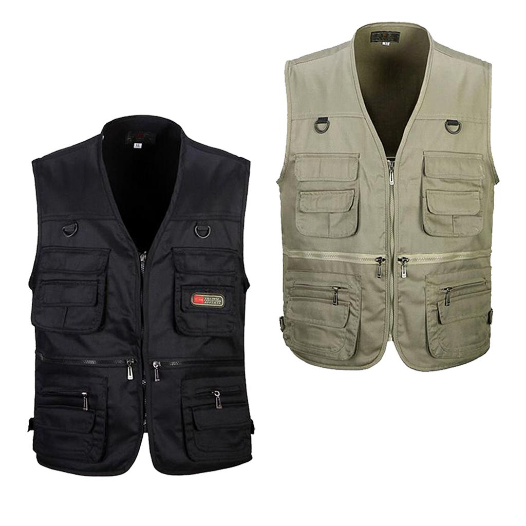 2 Pcs Men's Multi Pocket Waistcoat Fishing Outdoor Travel Photography Vest