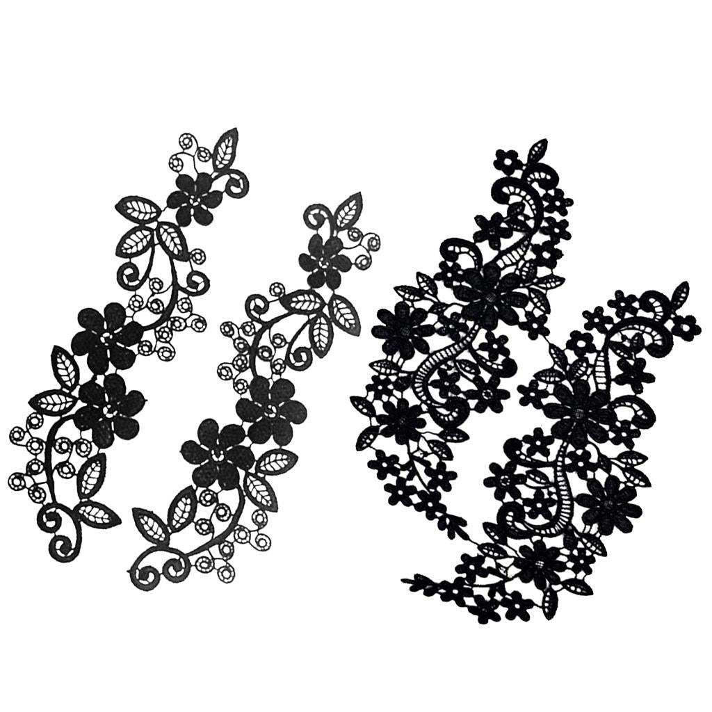2 Pairs Black Lace Applique Embroidered Guipure Wedding Lace Motif Patch