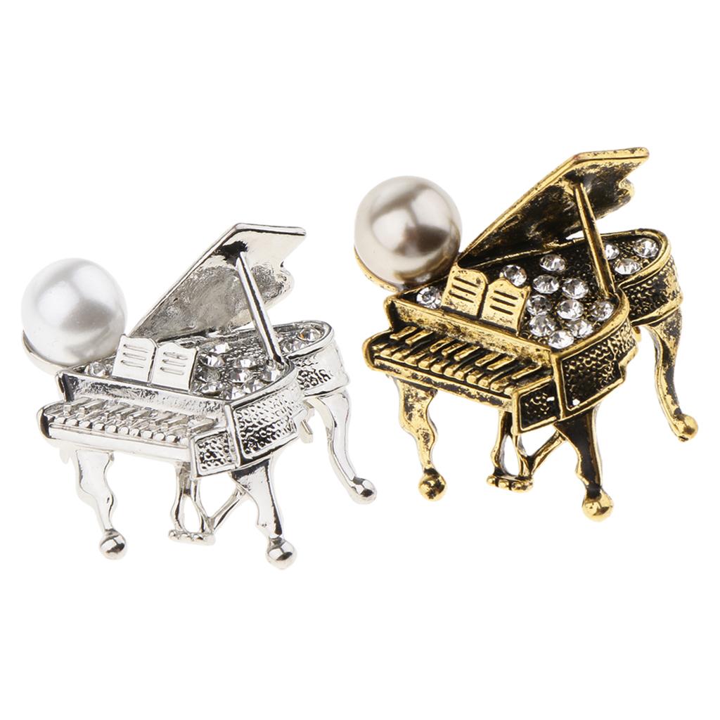 2 Pieces Chic Rhinestone Music Piano Brooches Lapel Pin Wedding Jewelry Gift