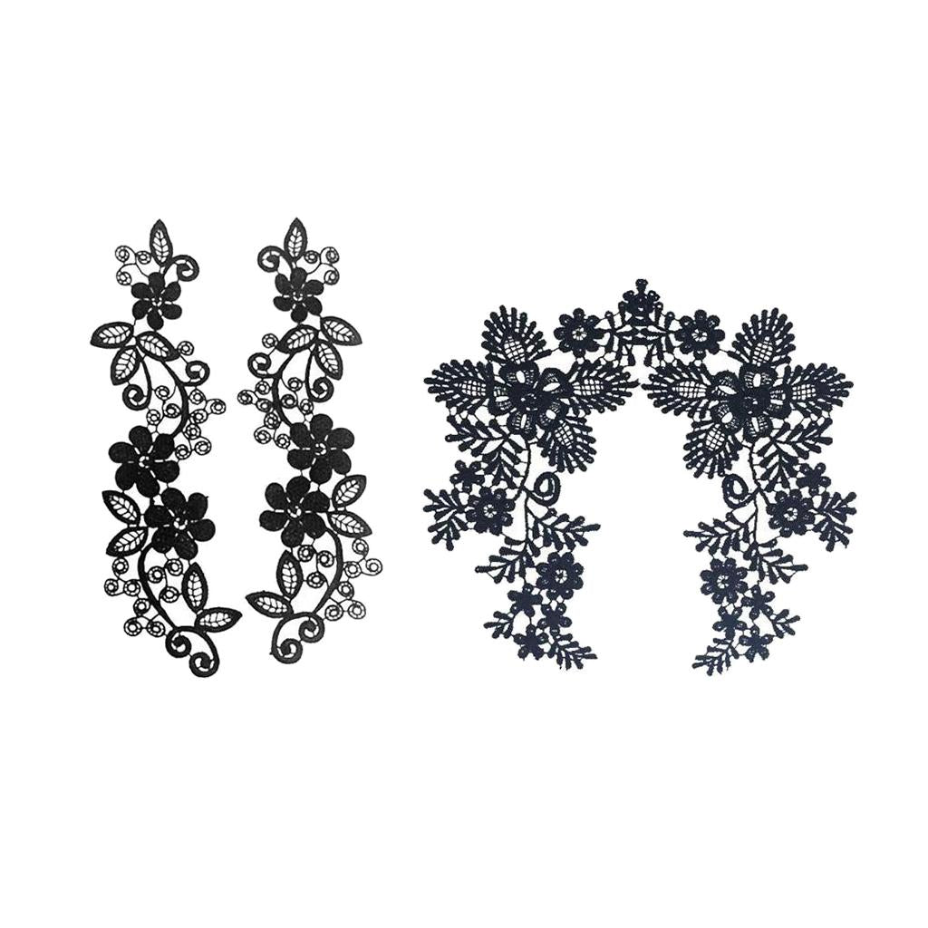 2 Sets Embroidered Neckline Collar Flower Lace Trimming Applique Black