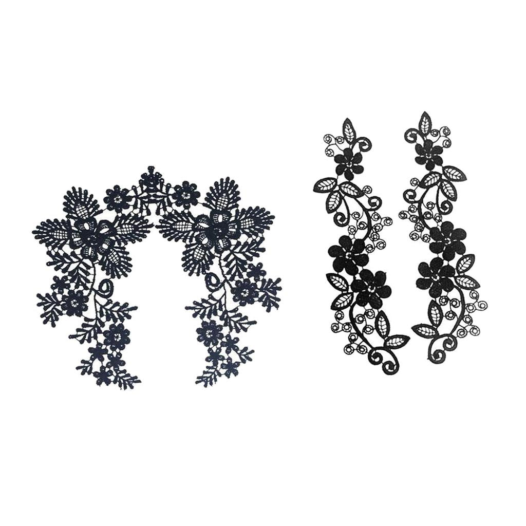 2 Sets Embroidered Neckline Collar Flower Lace Trimming Applique Black