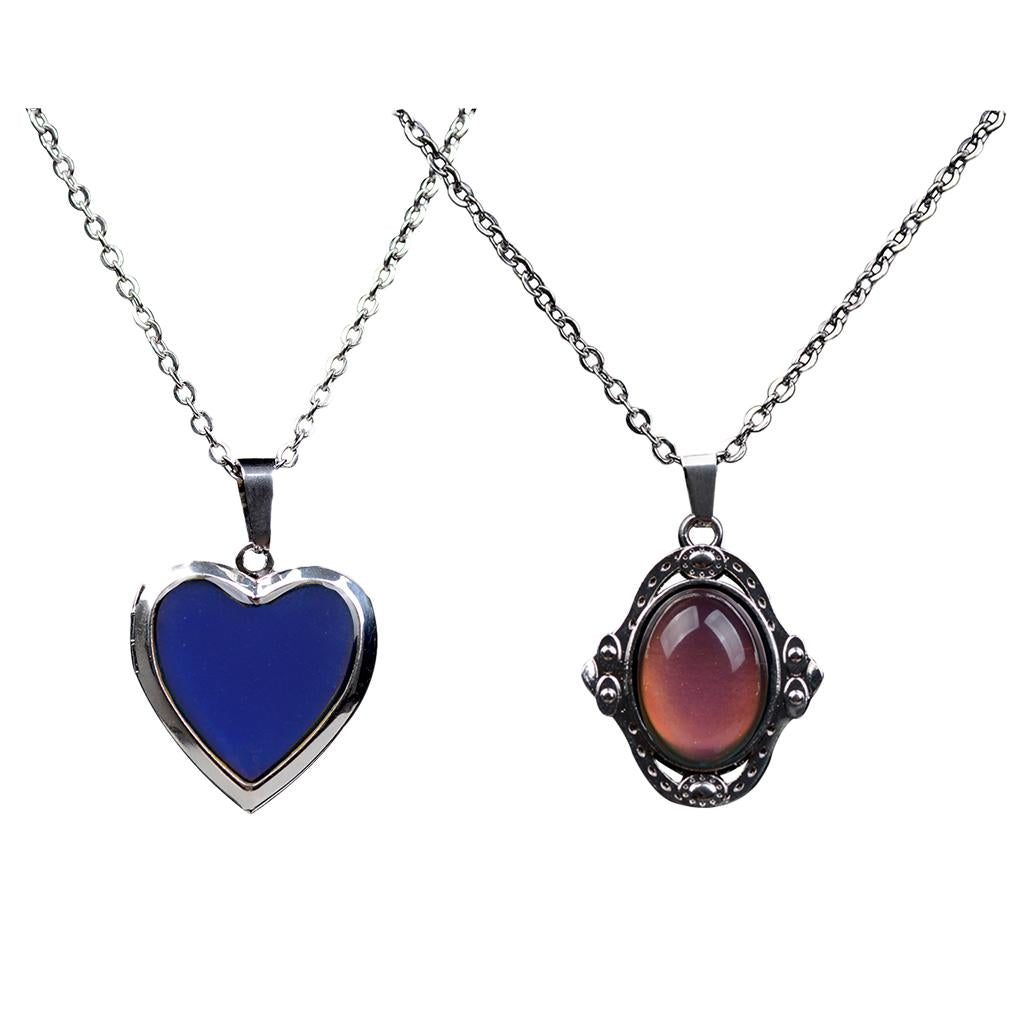 2 Pieces Photo Frame Locket and Gem Pendant Mood Change Color Necklace