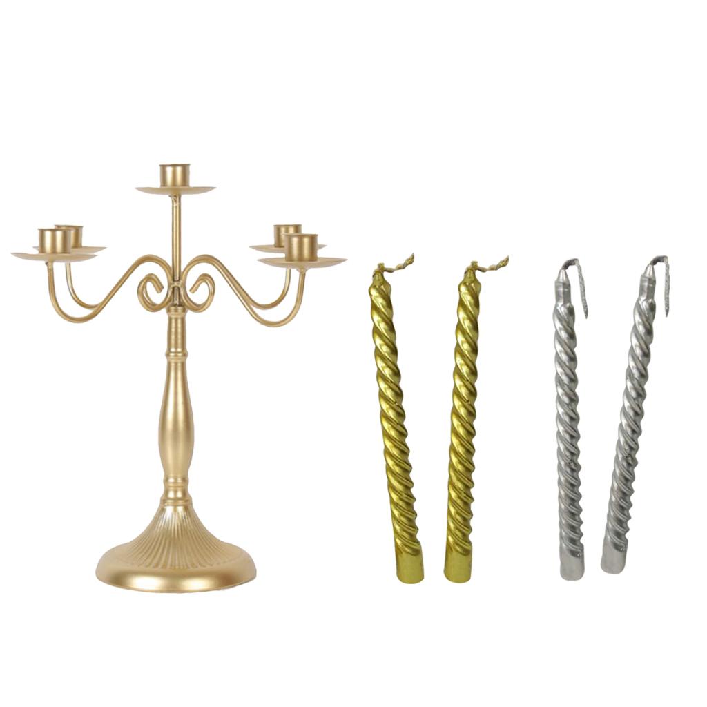 5 Arm Metal Candlesticks Iron Candle Holder Candelabra with Spiral Candles