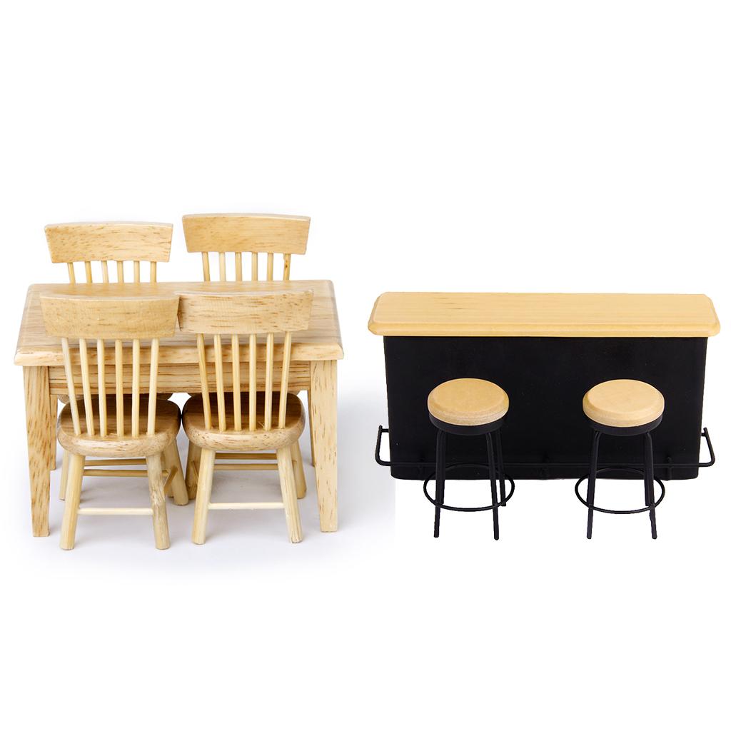 1/12 Dollhouse Miniature Furniture Kits Dining Table Chair Bar Table Model