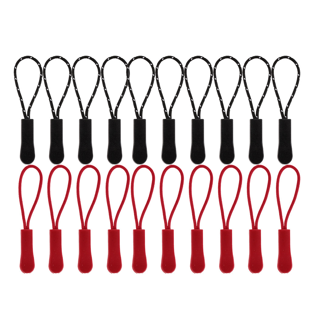 20Pcs Plastic Zipper Pull Cord Zip Puller Slider for Clothes Bags Black Red
