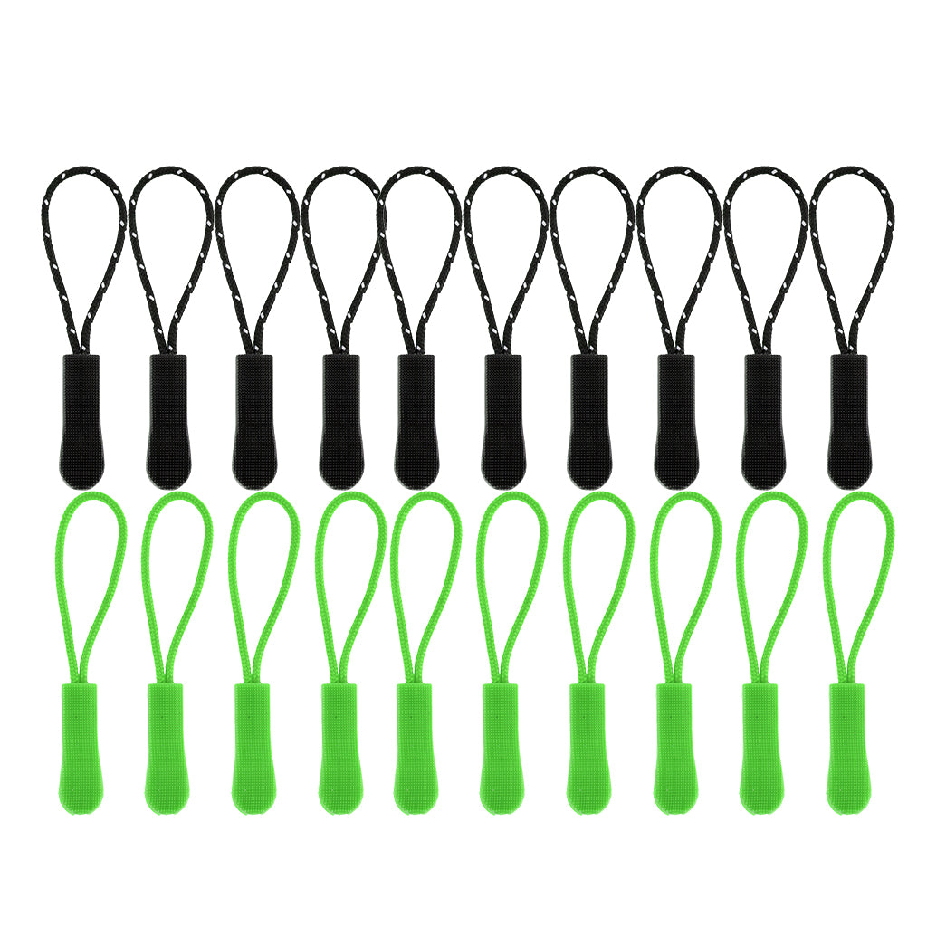 20Pc Plastic Zipper Pull Cord Zip Puller Slider for Clothes Bags Green Black