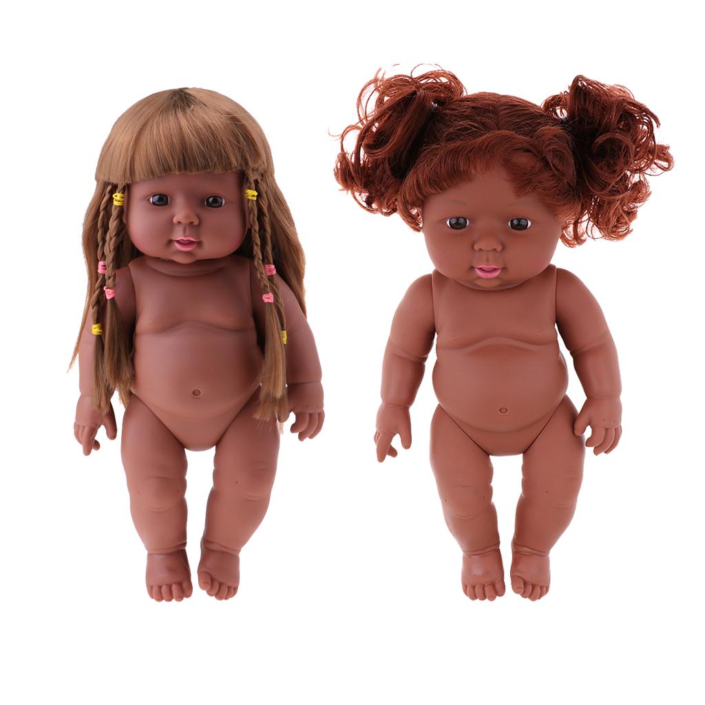 2 Pieces 30cm Vinyl Newborn Baby Girl Doll Kids Sleeping Toy Black Color