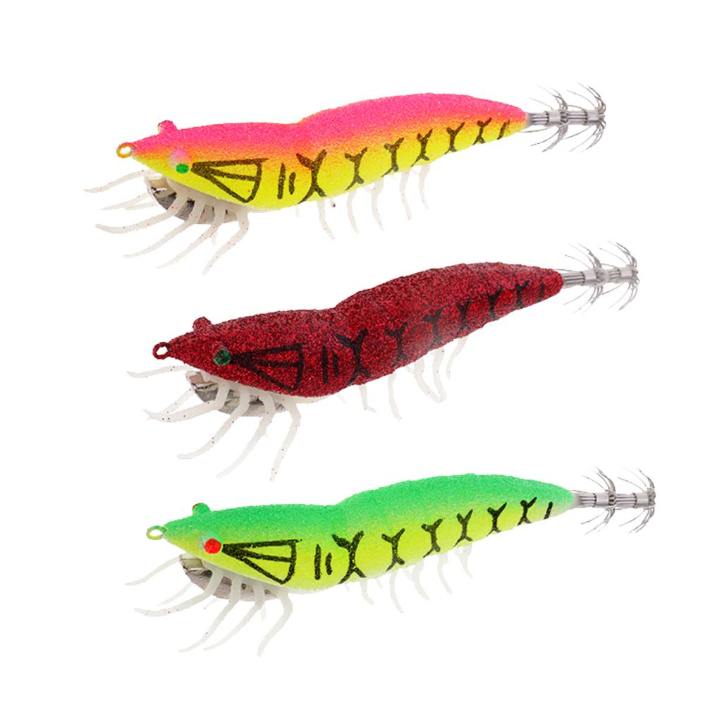 3pcs Shrimp Fishing Lures w/ Luminous Soft Leg Glow in Dark Squid Jig Hooks