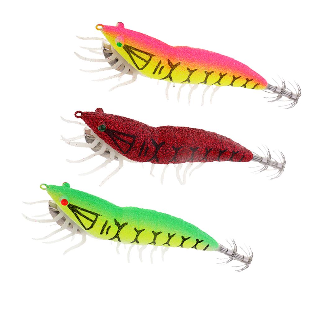 3pcs Shrimp Fishing Lures w/ Luminous Soft Leg Glow in Dark Squid Jig Hooks