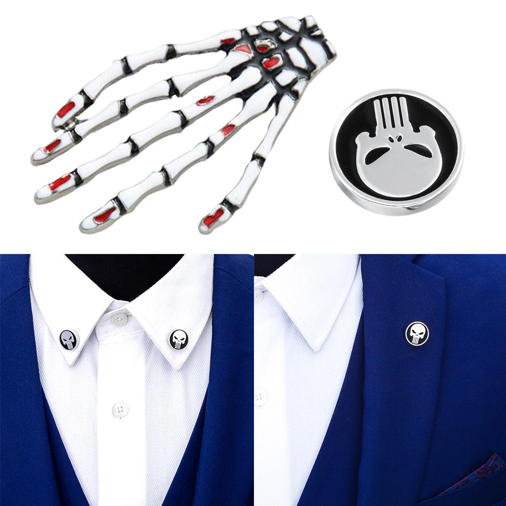 2pcs Halloween Gifts Gothic Skeleton Hand & Skull Head Brooch Pin