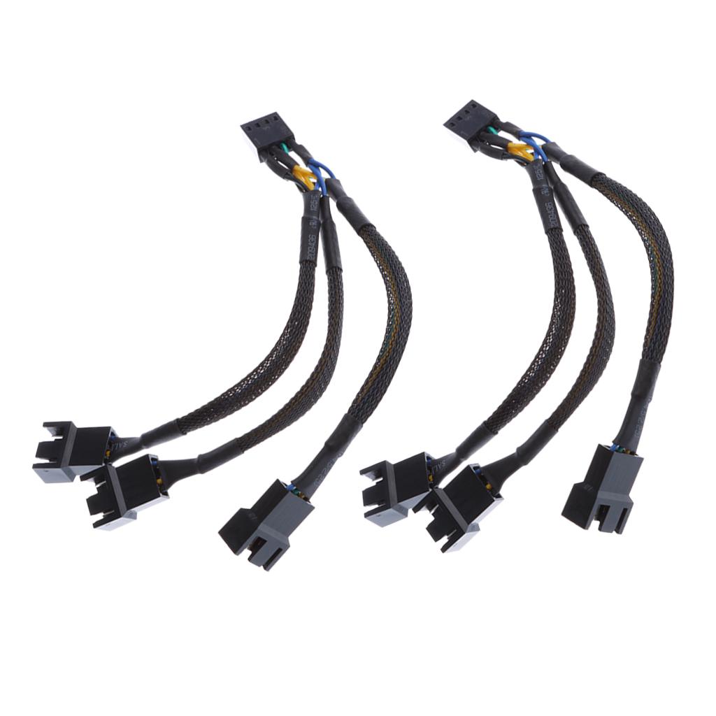 2Pcs 15cm 4pin Splitter Computer PC Fan Power Cable 1 to 3 Black Sleeved
