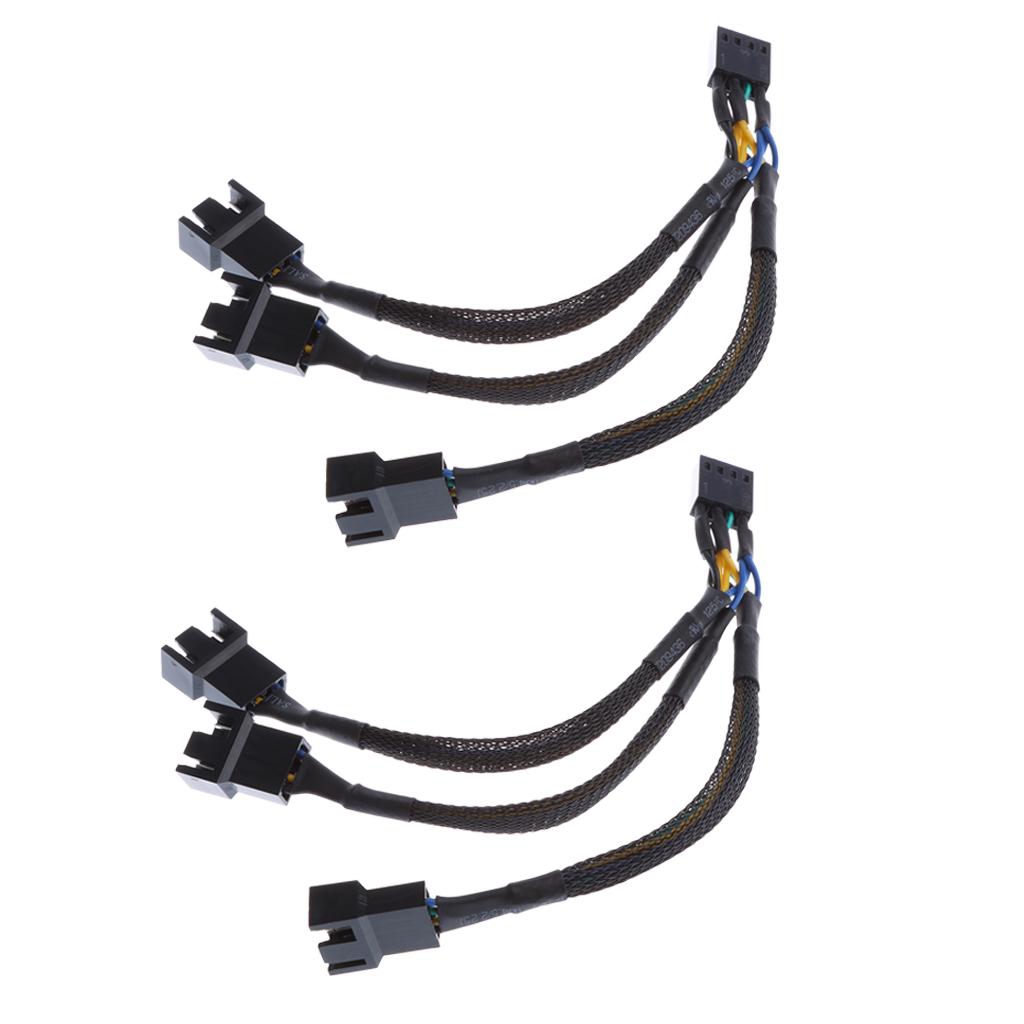 2Pcs 15cm 4pin Splitter Computer PC Fan Power Cable 1 to 3 Black Sleeved