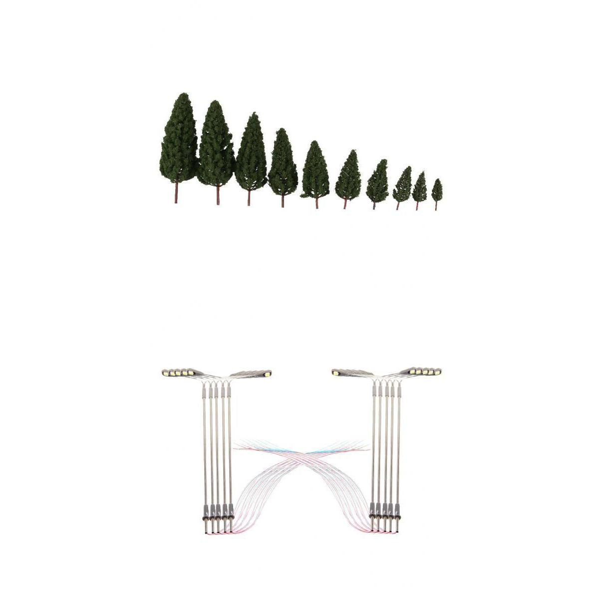 10X Double Head Street Light+20X Tower Shape Green Tree Models Train Railway