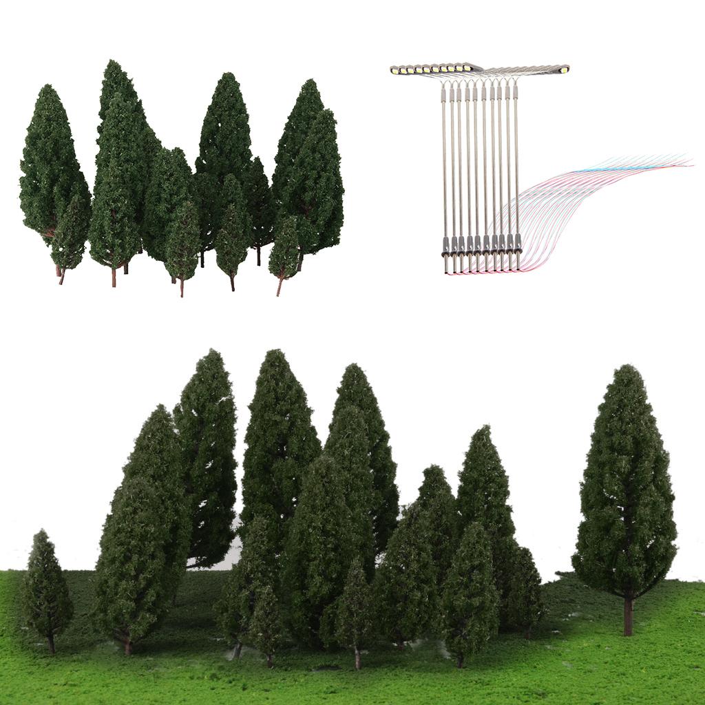 10X Double Head Street Light+20X Tower Shape Green Tree Models Train Railway