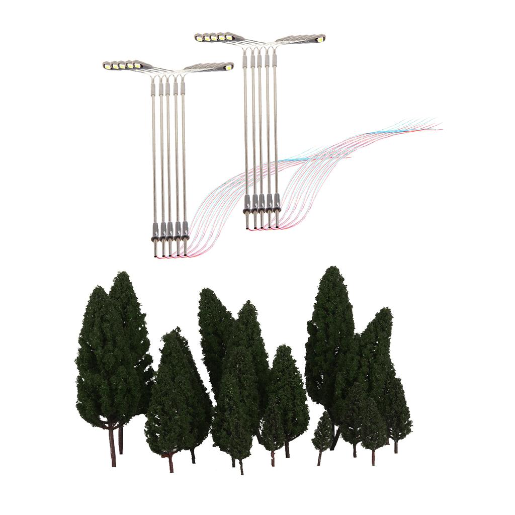 10X Double Head Street Light+20X Tower Shape Green Tree Models Train Railway
