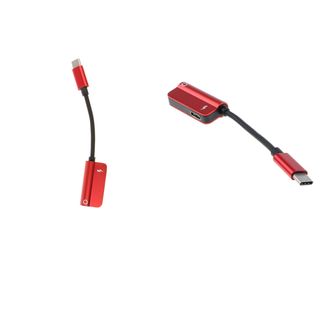2X Type C to 3.5mm Headphone Audio Adapter and USB-C Charging Cable Red
