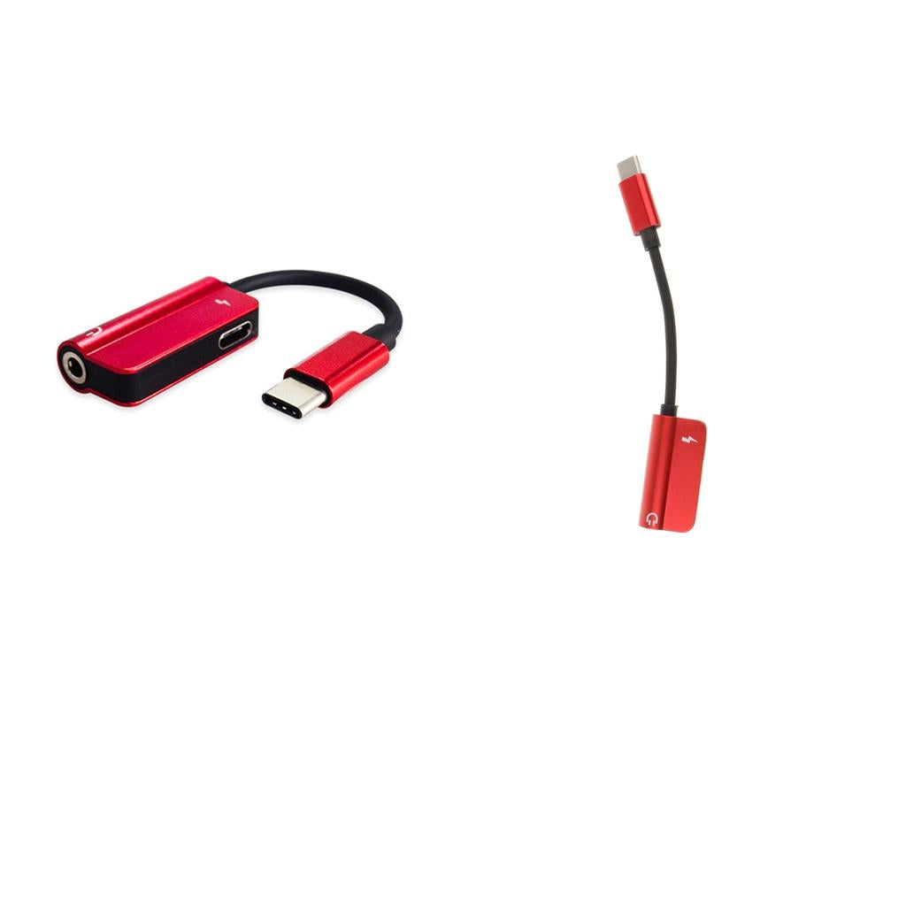 2X Type C to 3.5mm Headphone Audio Adapter and USB-C Charging Cable Red