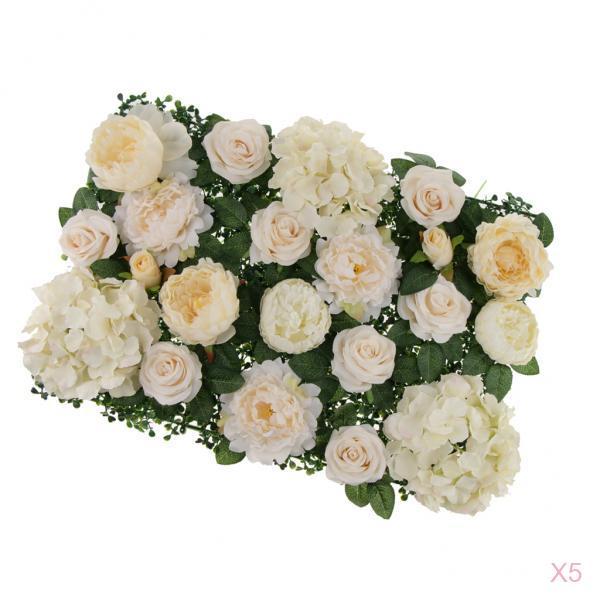 5 Pieces Silk Rose Peony Hydrangea Flower Wall Panels Backdrop Champagne