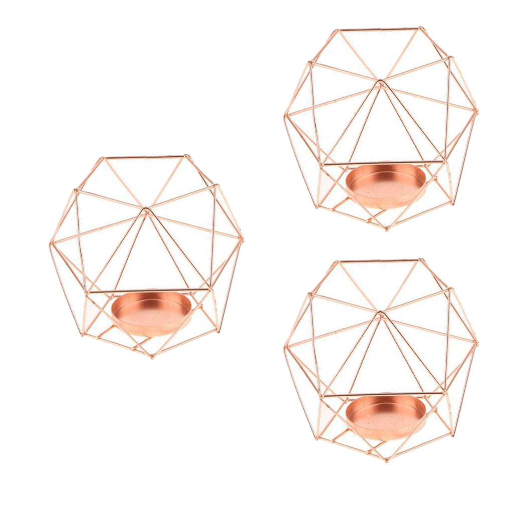 3Pcs 3D Geometric Wedding Candlestick Candle Tealight Holder Rose Golden
