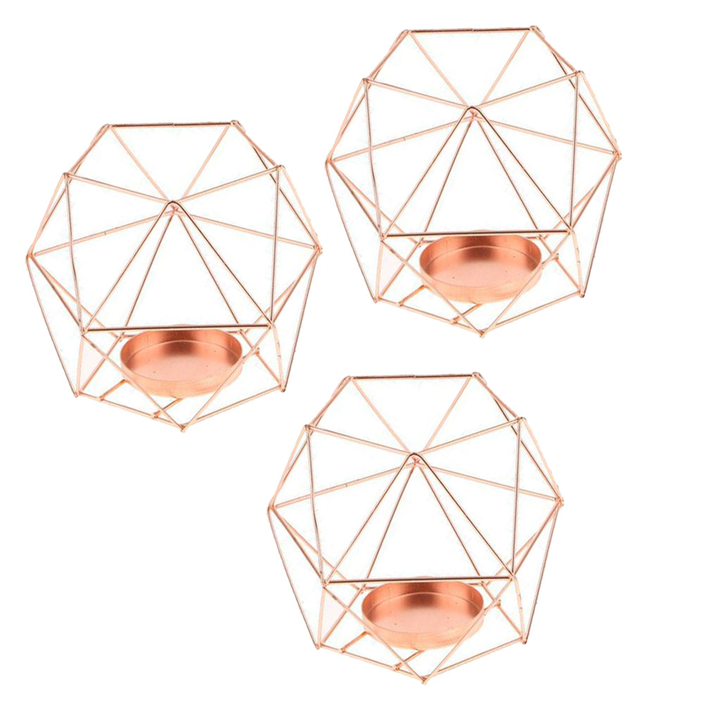 3Pcs 3D Geometric Wedding Candlestick Candle Tealight Holder Rose Golden