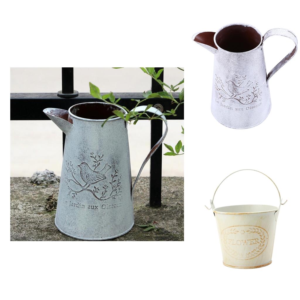 2pcs Shabby Chic Galvanised Metal Iron Flower Plants Bucket Flower Vase Pot